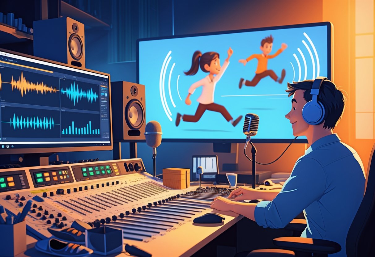 A sound engineer working at a mixing console surrounded by foley props with an animated character displayed on a screen in the background.