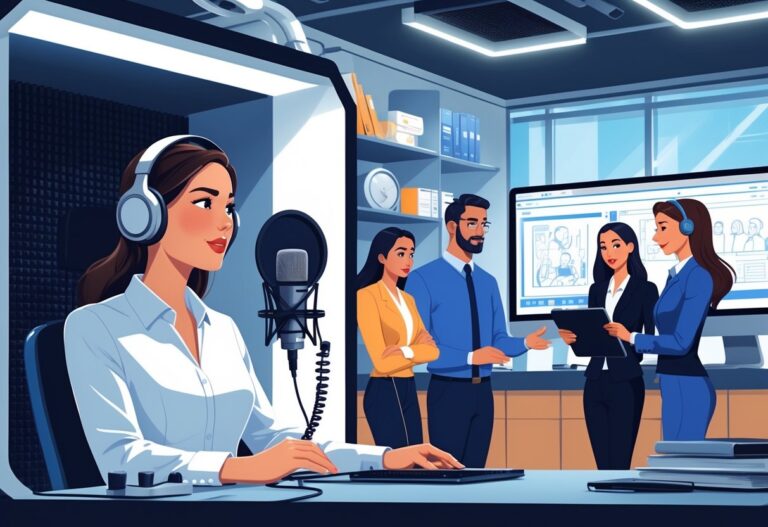 A team of business professionals working together on an animation voiceover project in a recording studio and office setting.