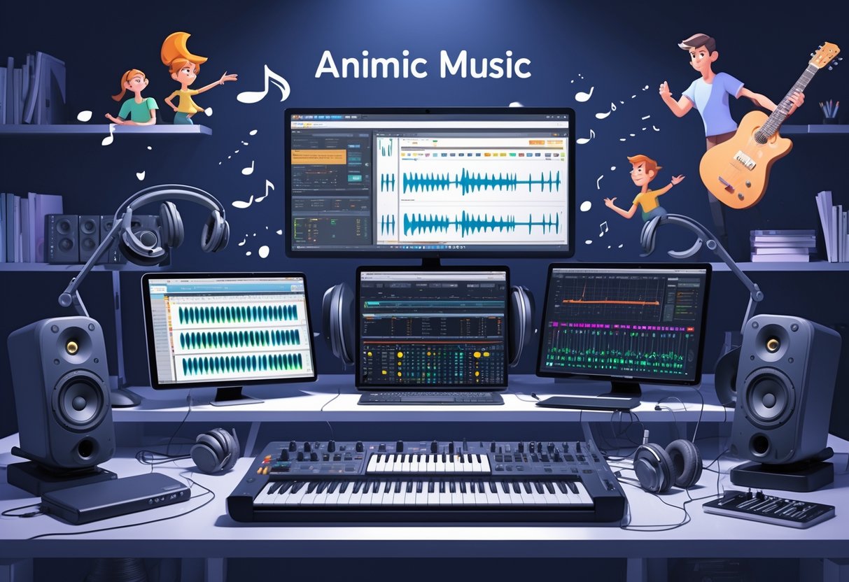 A creative workspace with computer screens, sound equipment, musical instruments, and animated characters representing animation music and sound design.