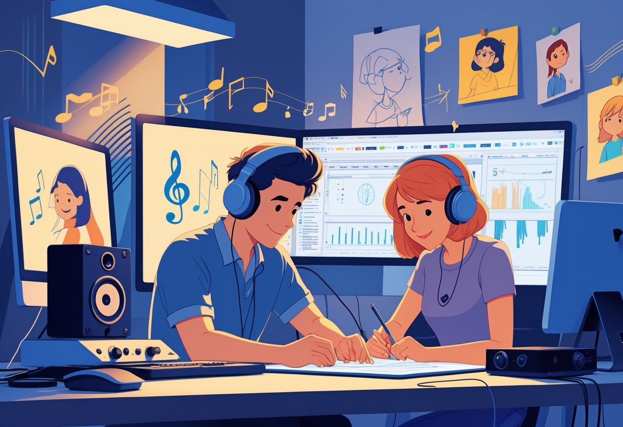 Two professionals working together in a studio, one adjusting audio equipment and the other drawing on a digital tablet, surrounded by animation sketches and sound design elements.