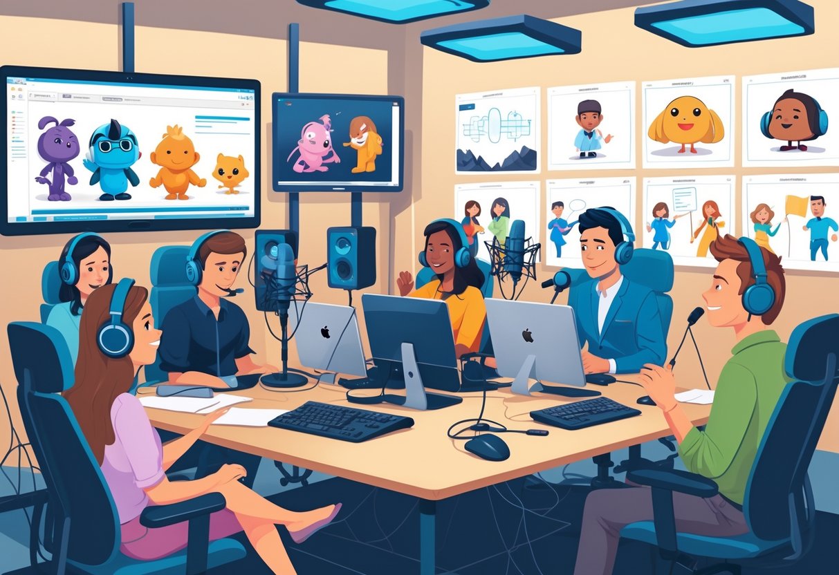 A recording studio with voice actors working on different animation projects, surrounded by screens showing various animated characters and storyboards.