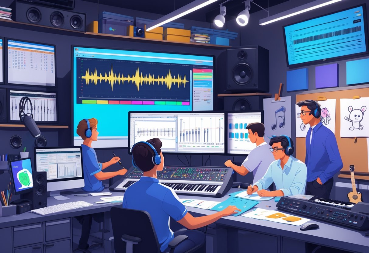 A creative studio where a team works on animation and sound design, with computers, audio equipment, and animation sketches around them.