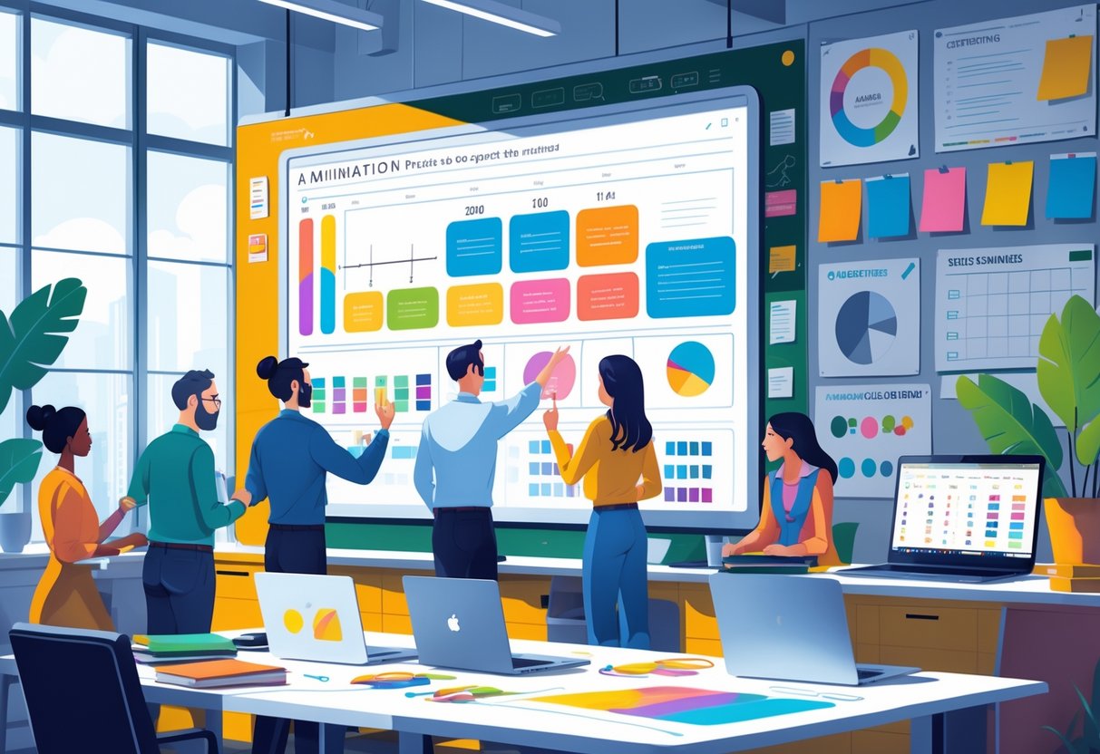 A group of people working together around a digital whiteboard showing an animation storyboard in a bright office.
