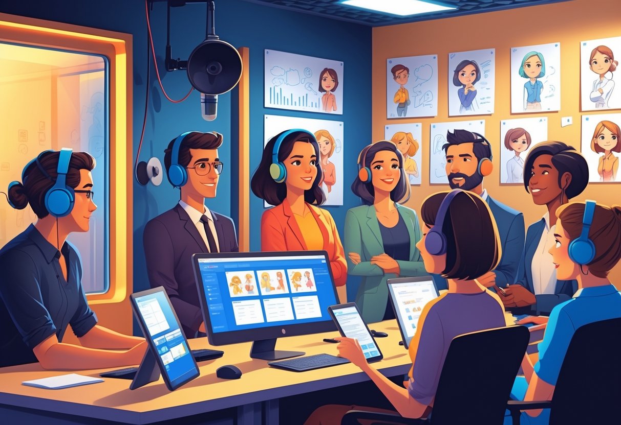 A group of professionals working together in an office recording studio to select voice talent for animation, with people using microphones, headphones, and reviewing character sketches.