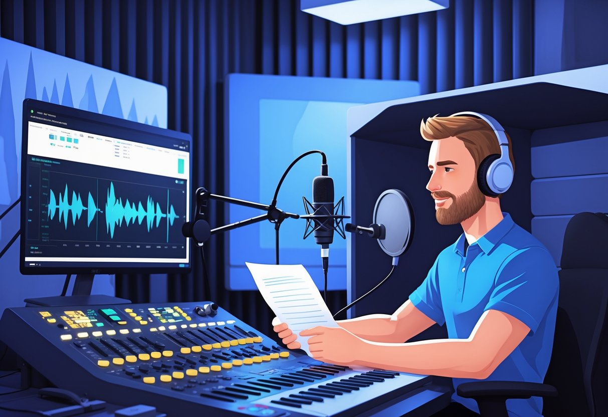 A sound engineer at a mixing console and a voice actor recording in a soundproof booth in a professional studio.