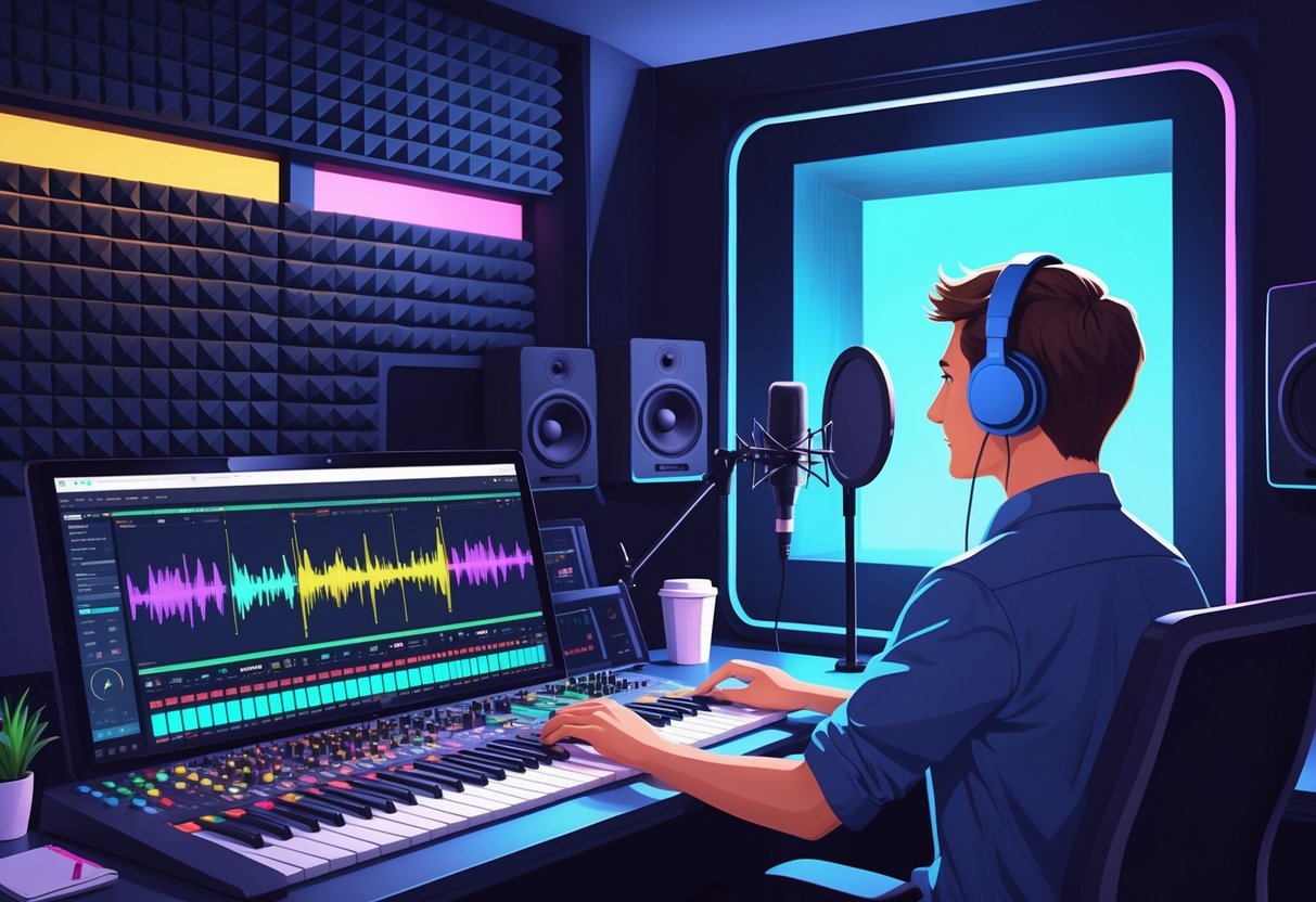 A sound engineer working at a mixing console with a voice actor recording in a soundproof booth in an audio editing studio.