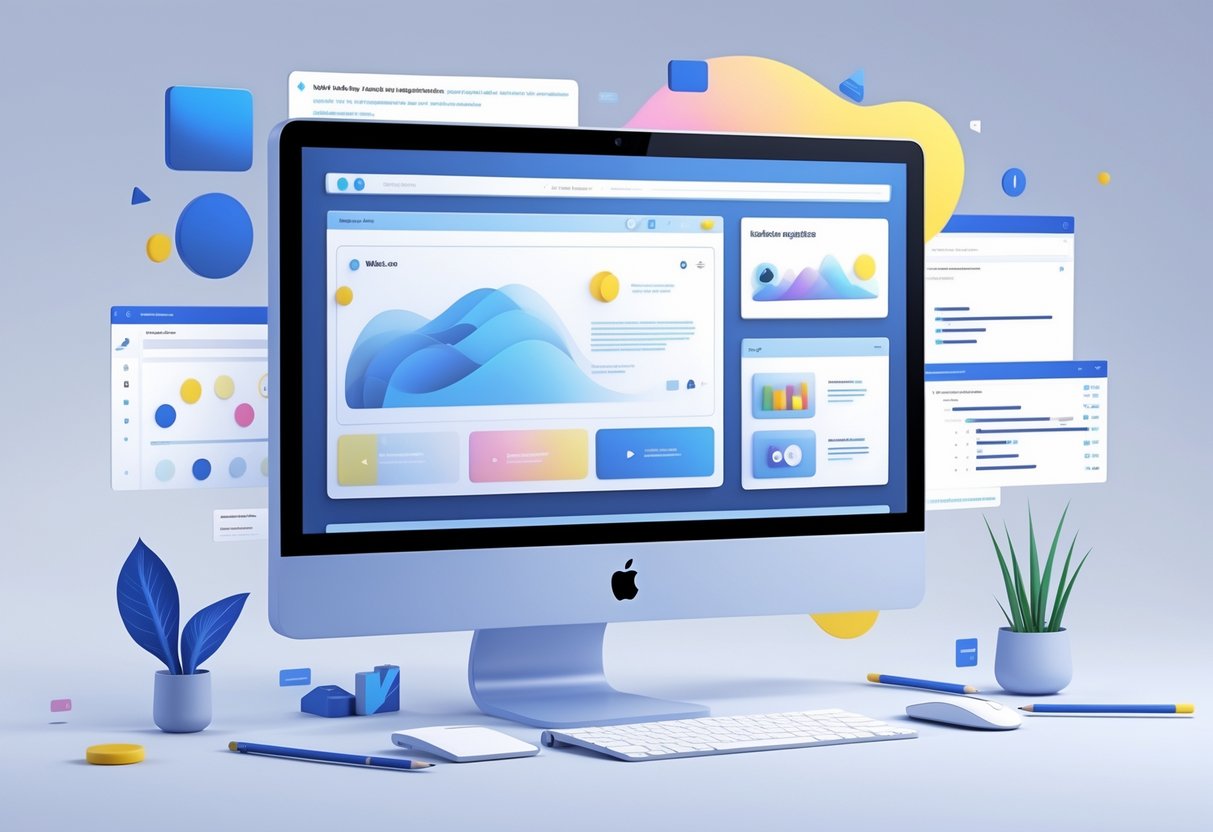 A computer screen showing a webpage with animated elements and design tools around it representing website animation.