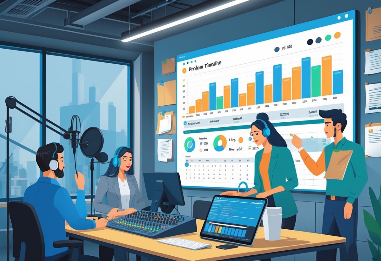 A team working in an office with a person recording voiceover in a soundproof booth and others managing project timelines on digital screens.