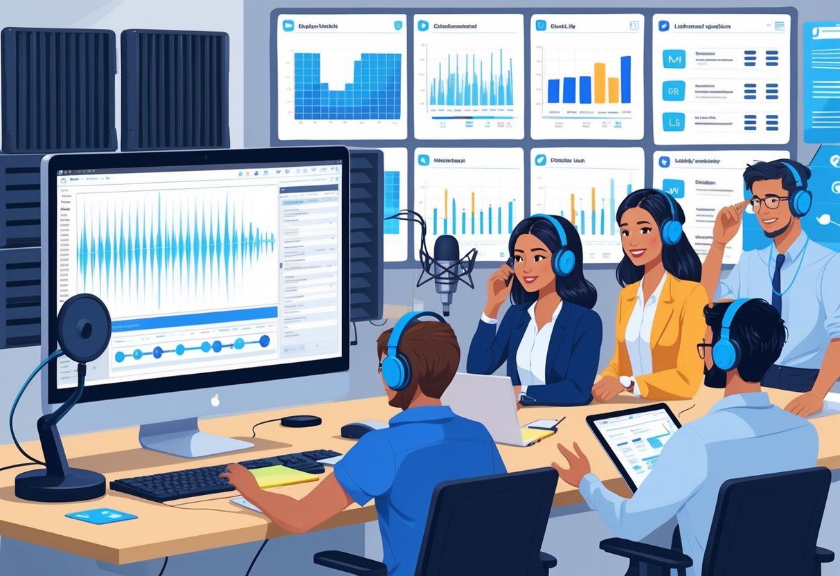 A team of professionals working together in an office with audio and animation equipment, recording and editing voiceovers for business animation projects.