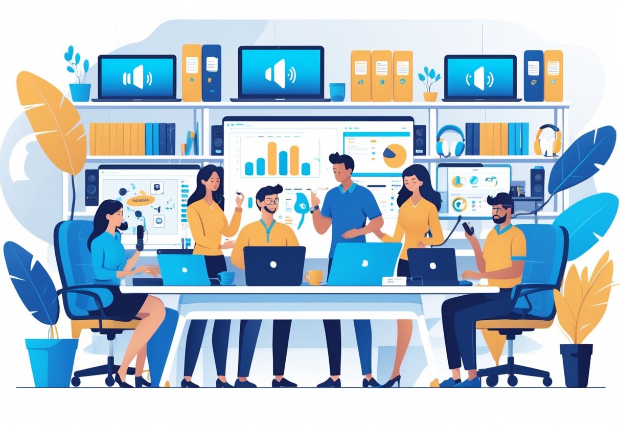 A group of professionals working together at a desk with laptops, microphones, and animation and audio equipment in a bright office.