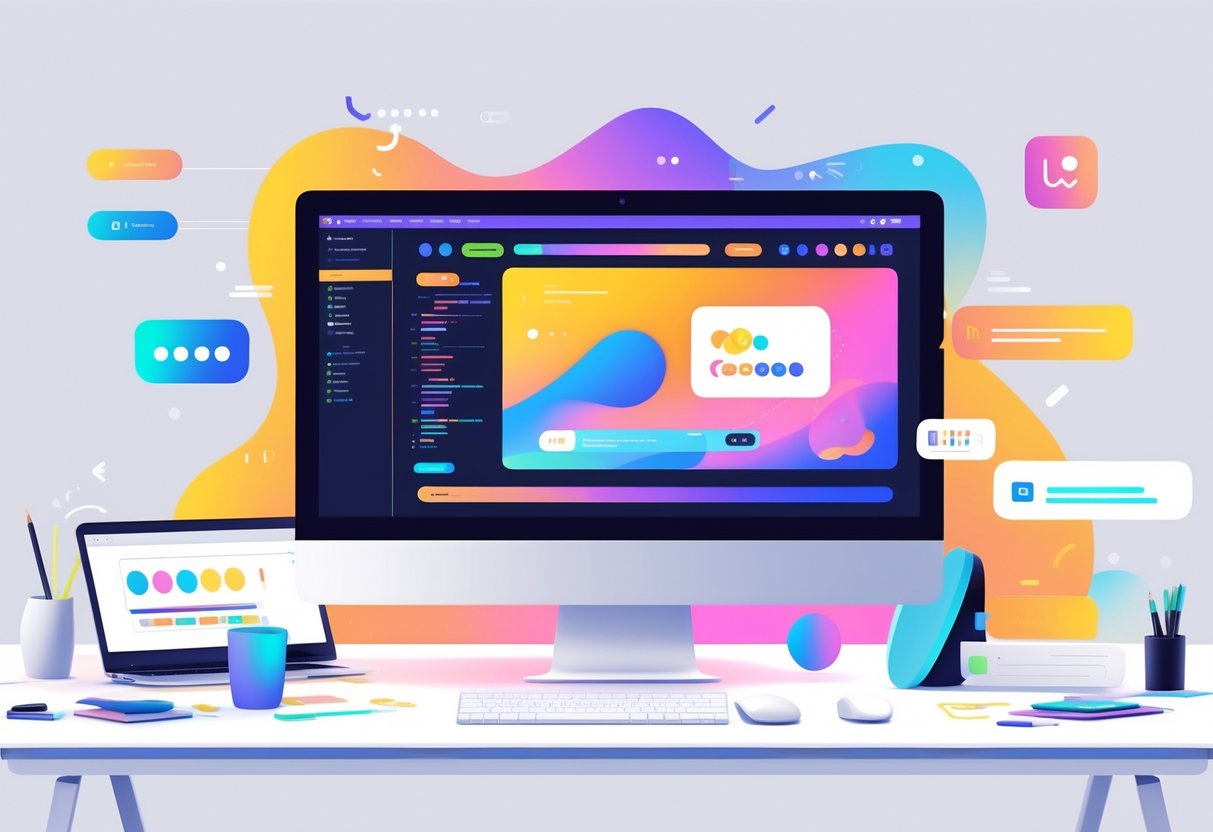 A workspace with a computer showing a webpage featuring colourful animated graphics and design elements around it.