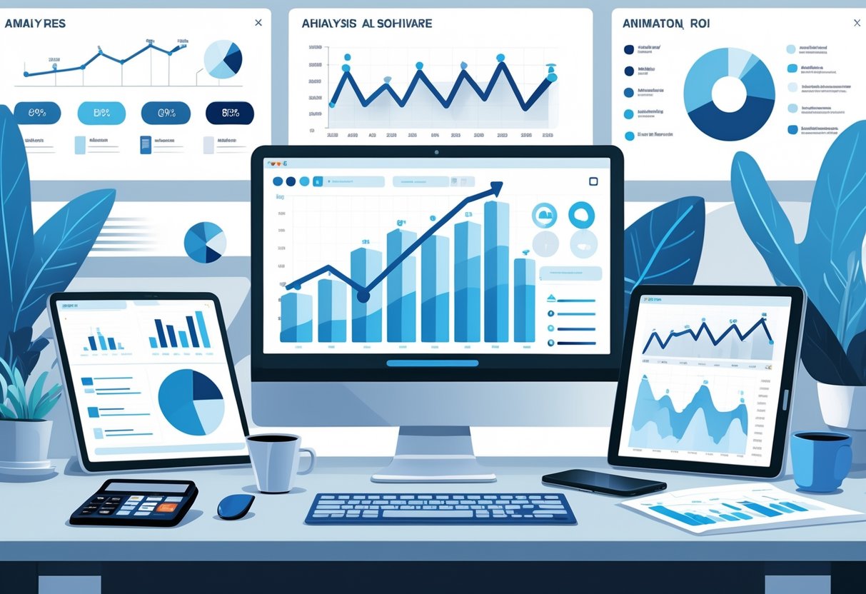 A workspace with a computer, tablet, and smartphone showing graphs and charts related to analysing animation return on investment, with reports and a calculator on the desk.