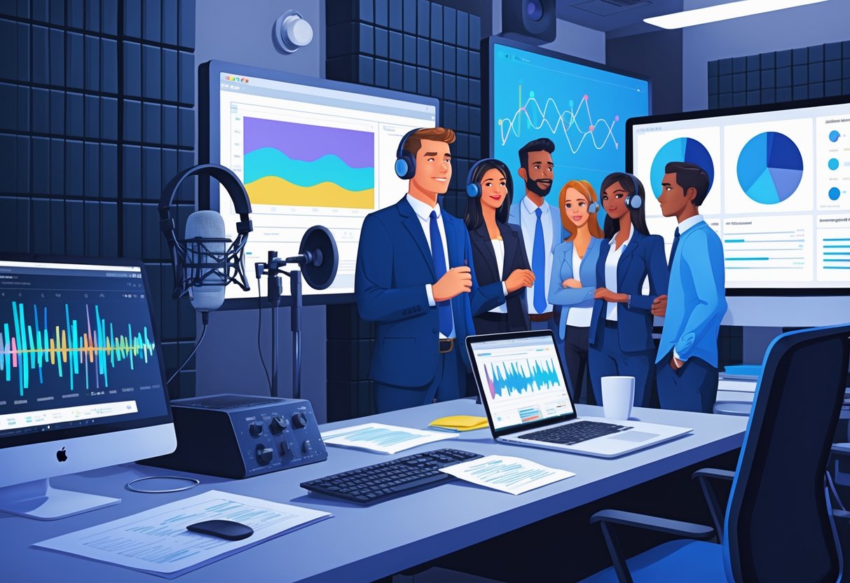 A business person wearing a headset speaks into a microphone in a studio, with colleagues reviewing animation frames on screens in an office setting.