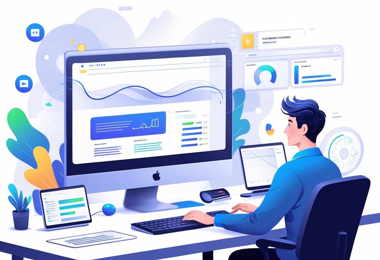 A web developer working at a computer with a webpage showing smooth animations and symbols representing accessibility features like a keyboard and screen reader.