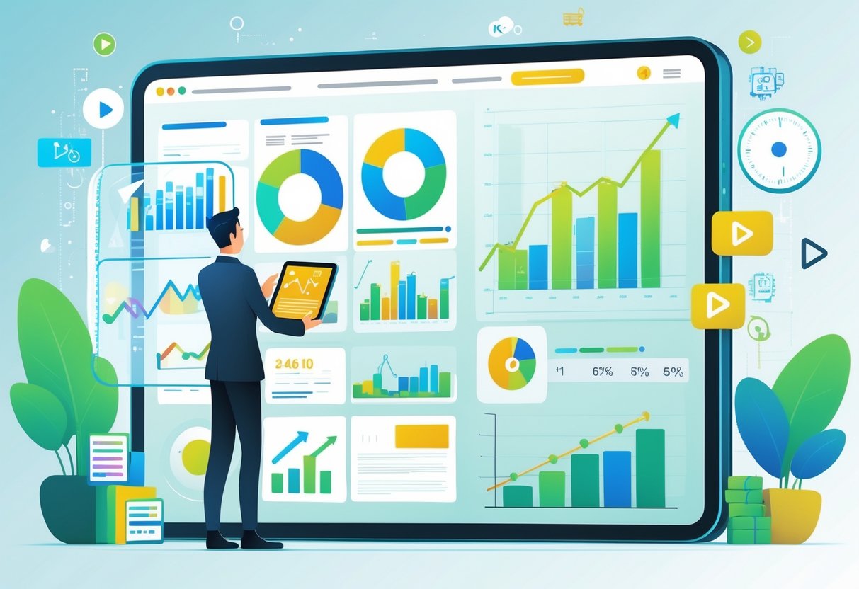 A businessperson analysing colourful charts and animation icons on a large digital screen in a modern office setting.