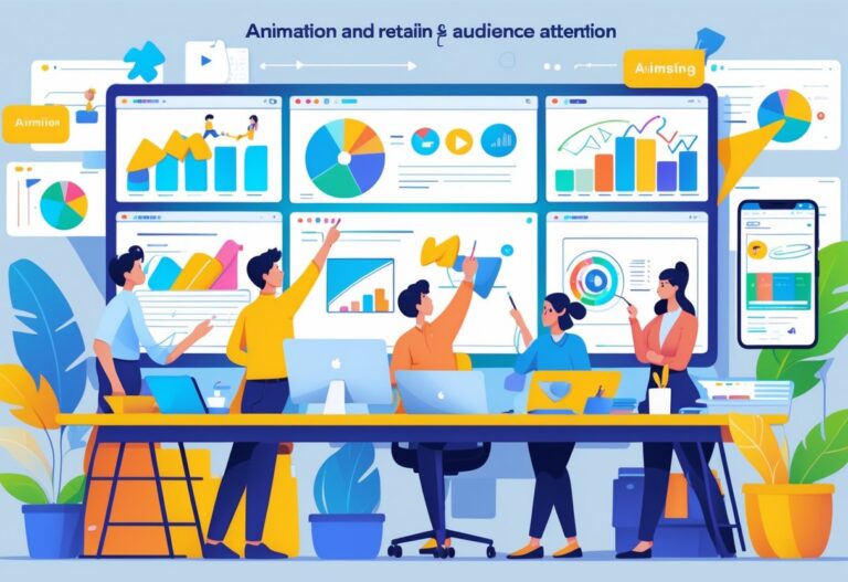 A group of people working together at a desk with screens showing colourful animated marketing content in a bright office setting.