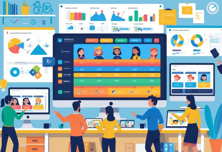 A group of professionals collaborating around screens and devices displaying different versions of an animation, illustrating the process of adapting animation content for multiple platforms.