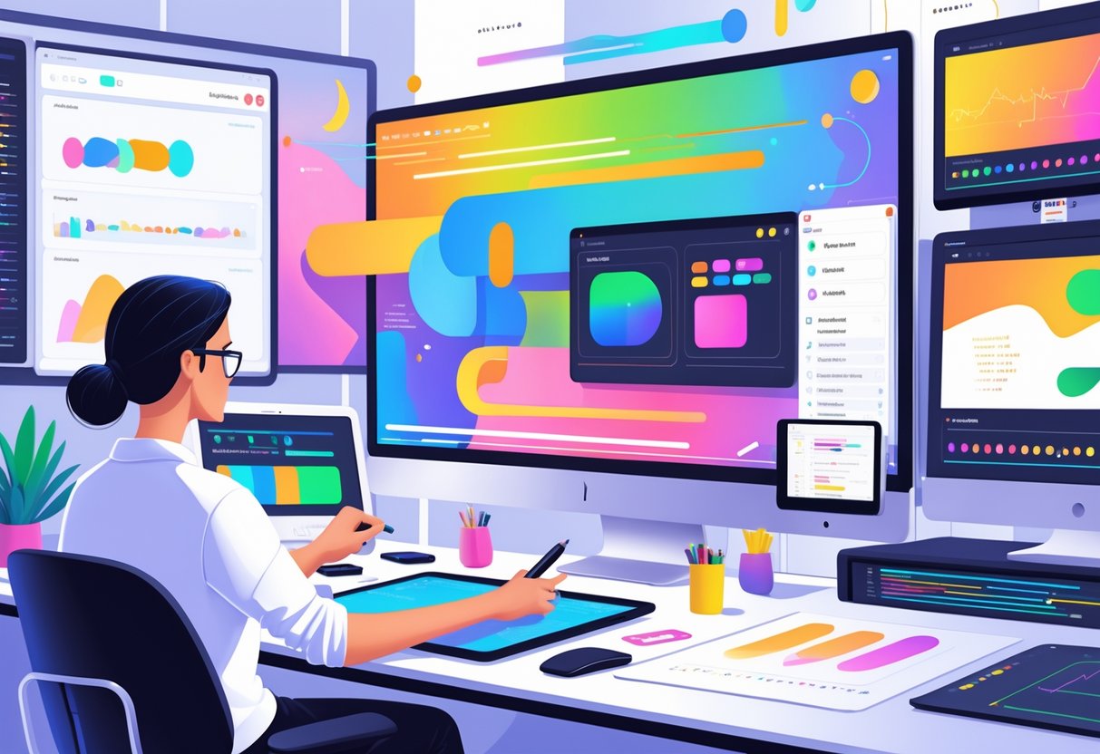 A designer working at a desk with multiple screens showing animated sequences and motion graphic overlays in a bright digital studio.