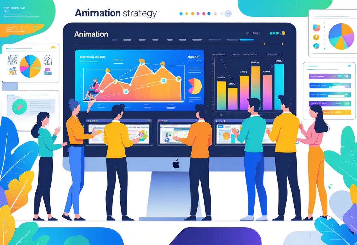 A team of marketers working together around a digital screen showing animated charts and video timelines in a bright office.