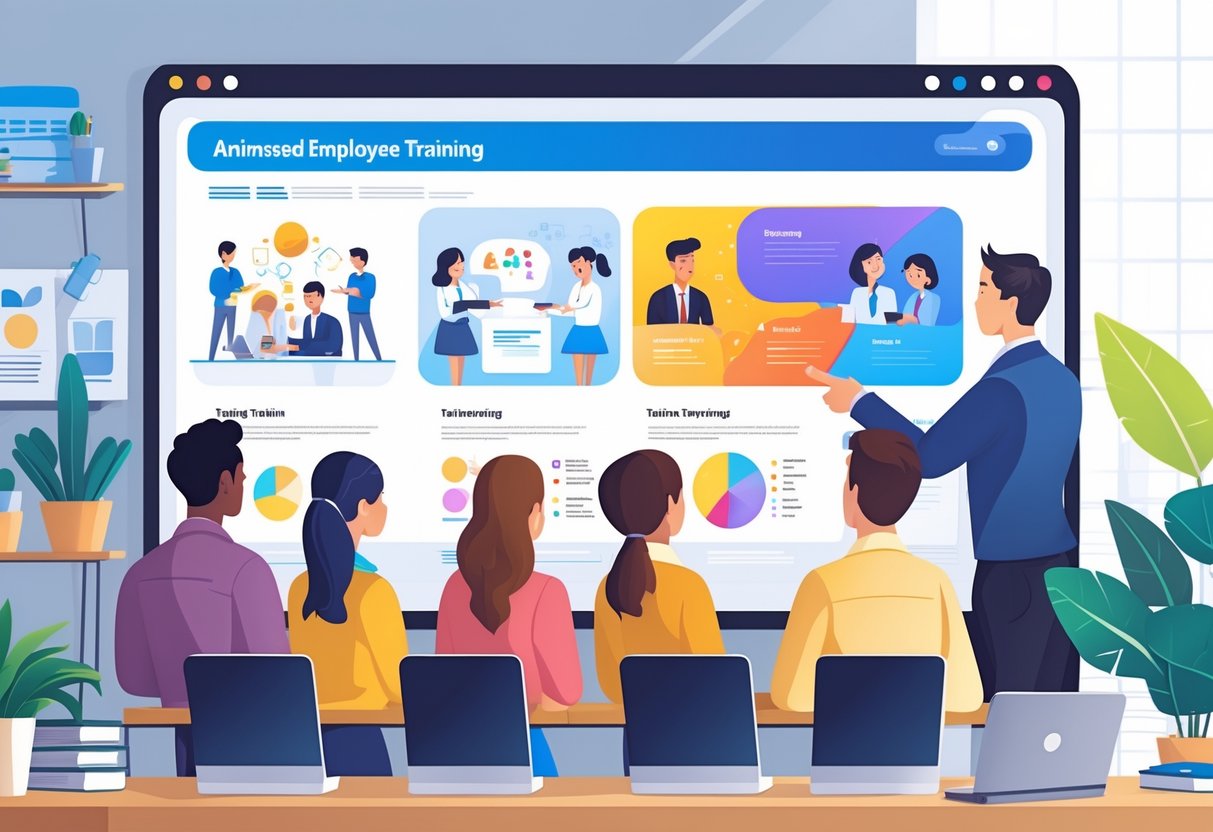 A group of employees watching animated training content on a large screen while a trainer points to the visuals in a modern office setting.