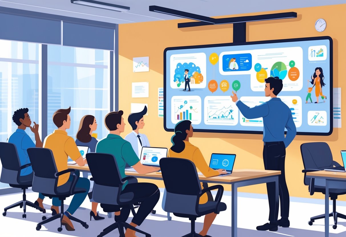 A group of employees in a training room watching an animated presentation on a large screen, with a trainer pointing at the animation.