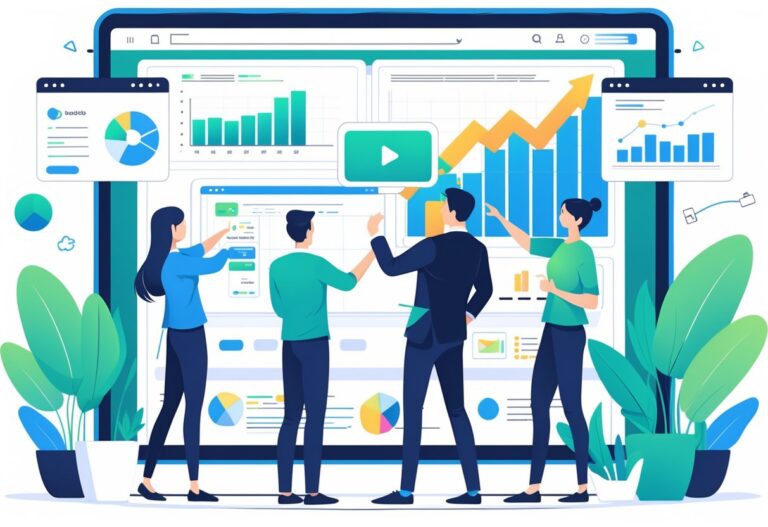 A team of marketers working together in an office, analysing video placement and conversion data on digital screens.