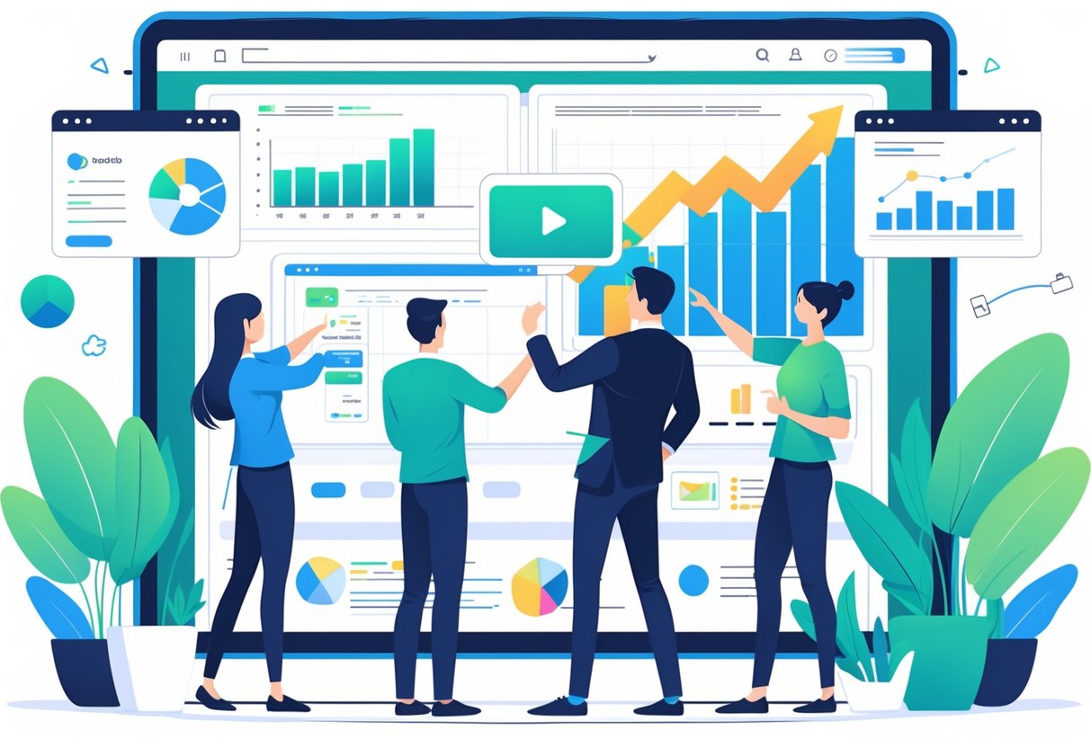 A team of marketers working together in an office, analysing video placement and conversion data on digital screens.