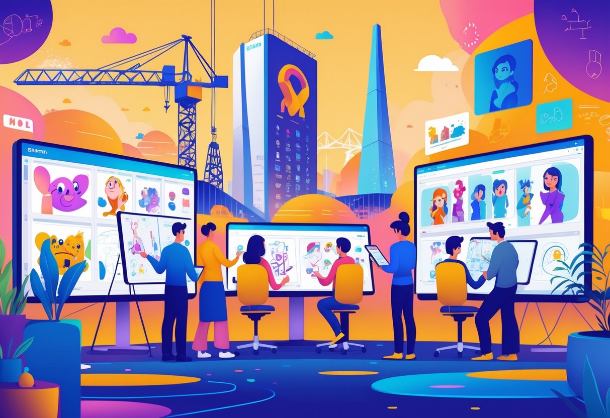 A busy animation studio with artists working on digital drawings and designs, set against a backdrop featuring Belfast landmarks.