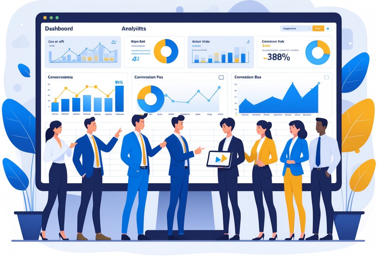 A group of business professionals discussing data and charts on a large digital dashboard showing video analytics and conversion rates.