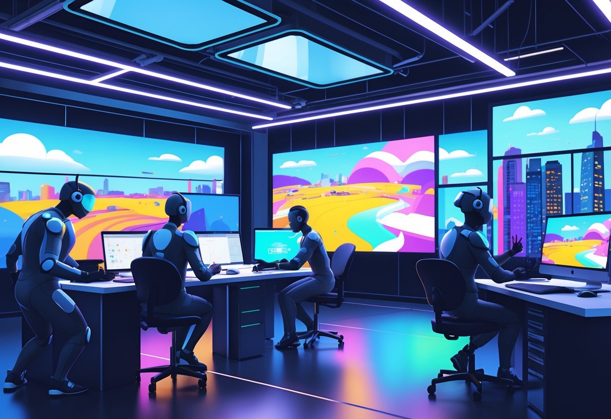 A modern virtual production studio with creative professionals working on animation technology surrounded by large LED screens and computer equipment.
