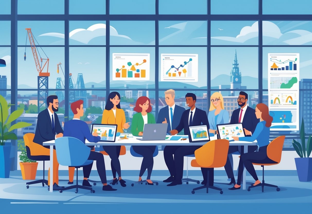 A group of diverse professionals collaborating around a table with digital screens, overlooking Belfast city landmarks, representing support for the animation industry.