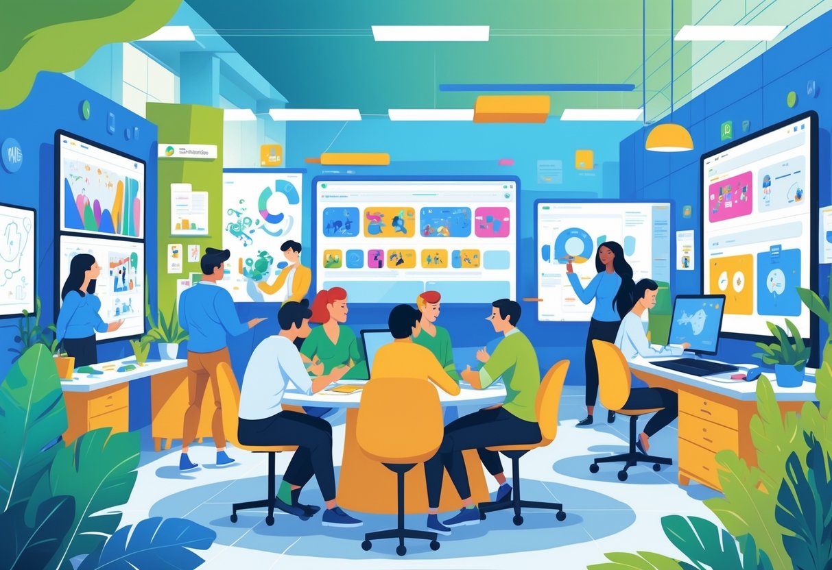 A group of creative professionals collaborating on animation projects in a modern workspace with digital tools and animation displays, set against a backdrop suggesting Belfast’s cityscape.