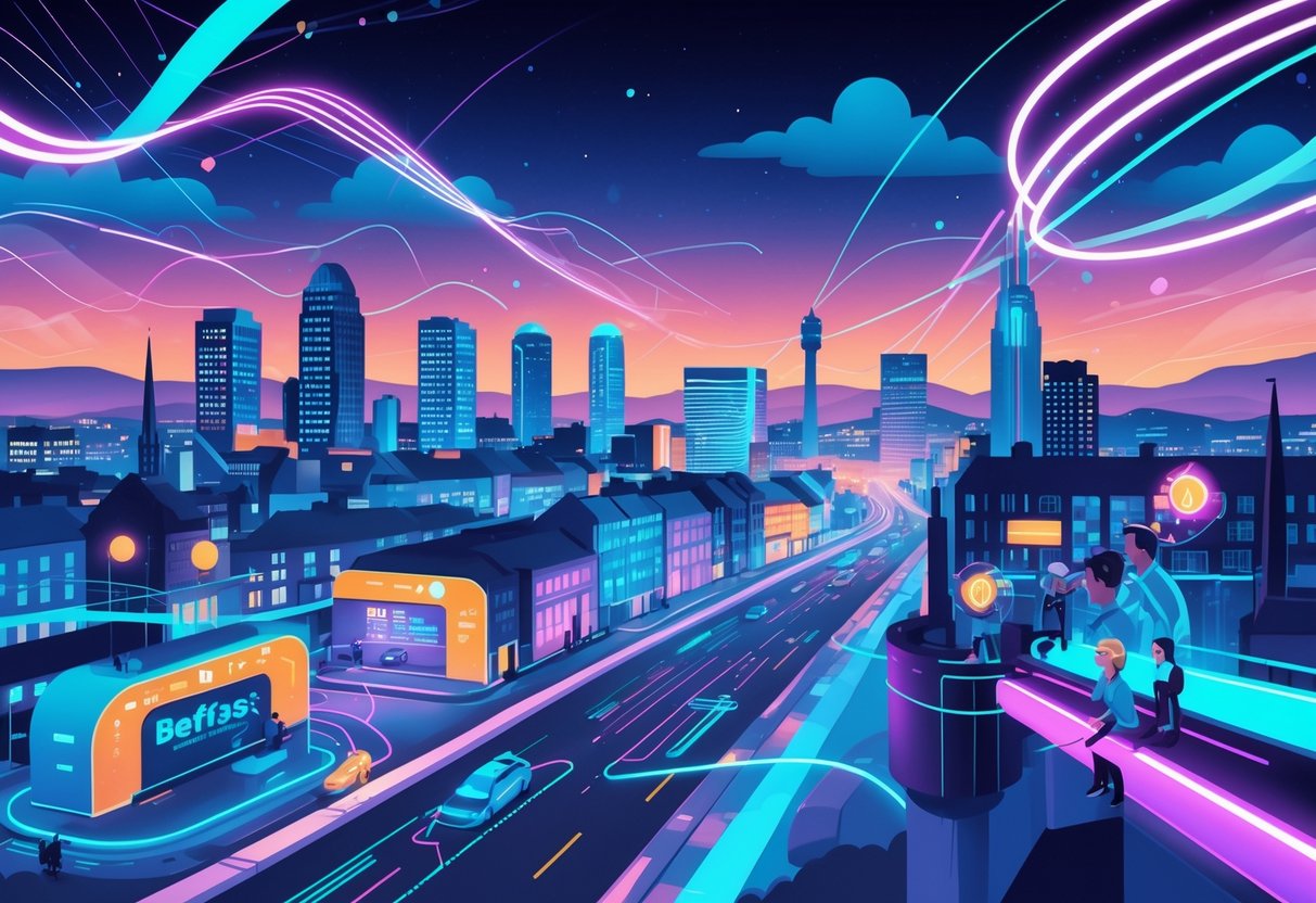 A futuristic cityscape of Belfast with creative professionals using digital animation tools and virtual reality, surrounded by glowing streams of data and abstract animation elements.