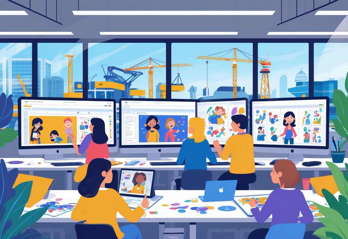 A modern animation studio with artists working on digital animation projects, featuring Belfast landmarks visible through the windows.