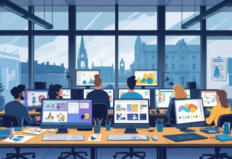 A busy animation studio with animators working on different types of animation projects, with Belfast city buildings visible through large windows.