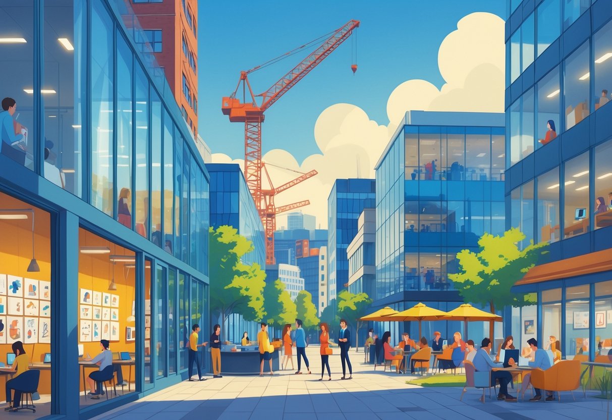 A cityscape of Belfast showing animation studios with people working inside and outside, iconic landmarks in the background, and creative activities taking place.