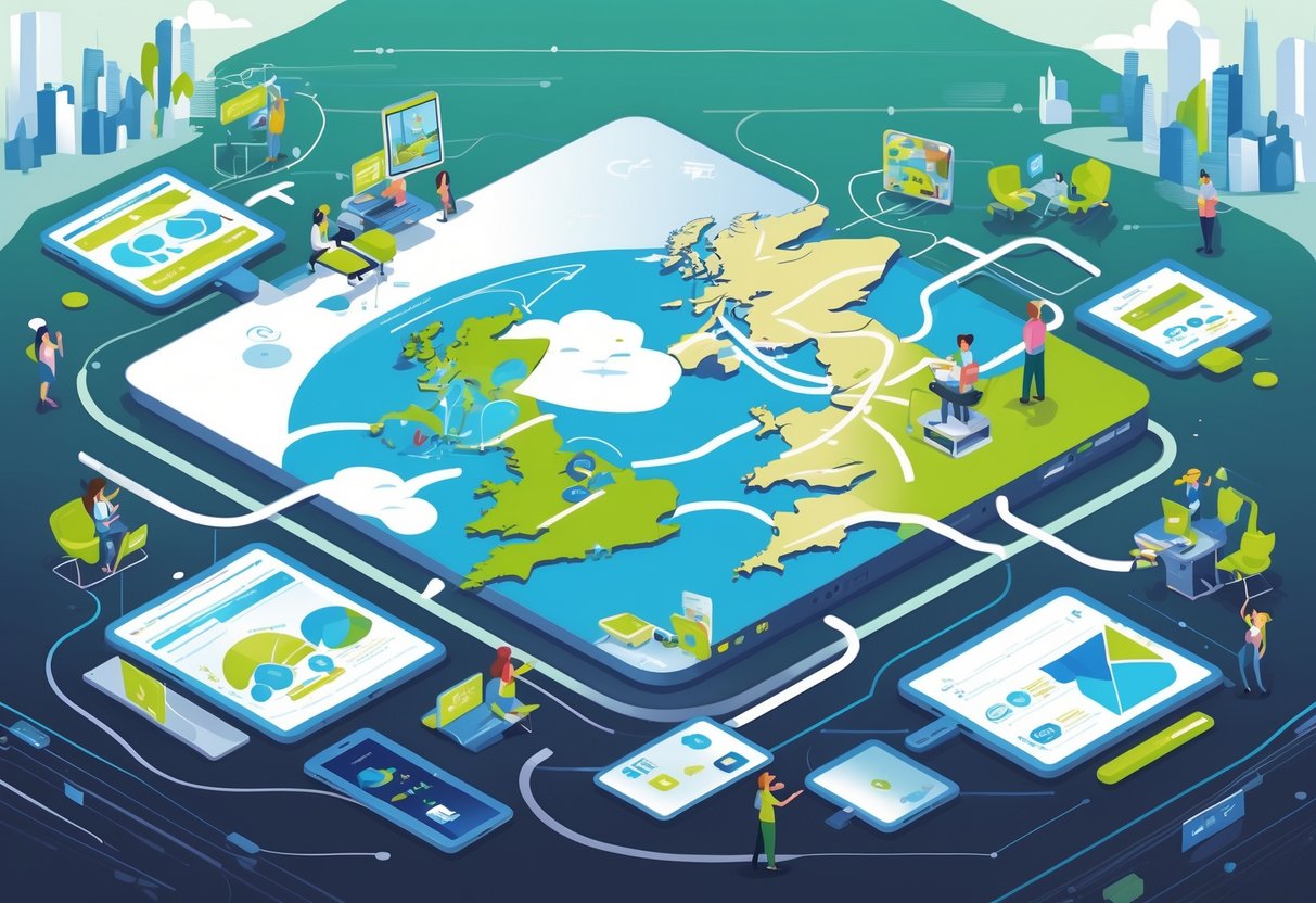 Illustration showing a map of the UK and Ireland connected by flowing lines with animated characters and animation tools around it, representing collaboration in animation services.