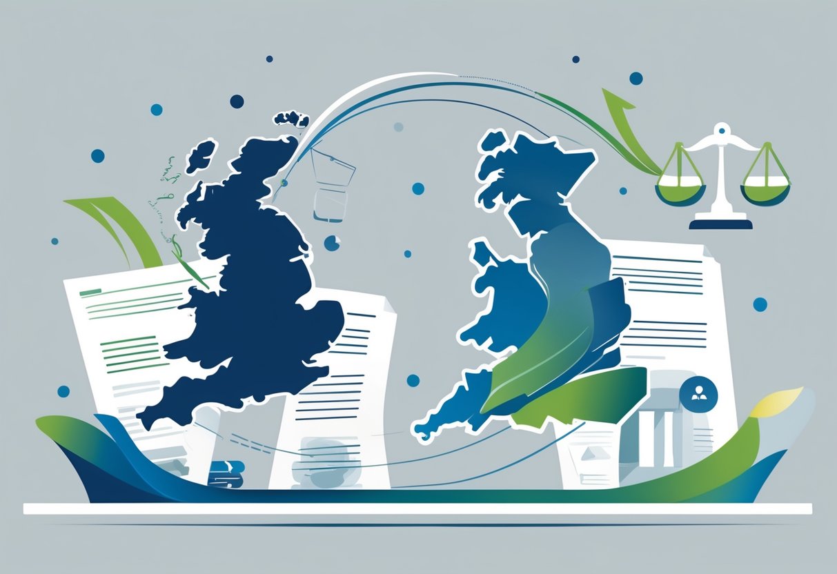 Illustration showing maps of the UK and Ireland connected by arrows with legal symbols like scales of justice and documents around them, representing cross-border animation services and legal considerations.