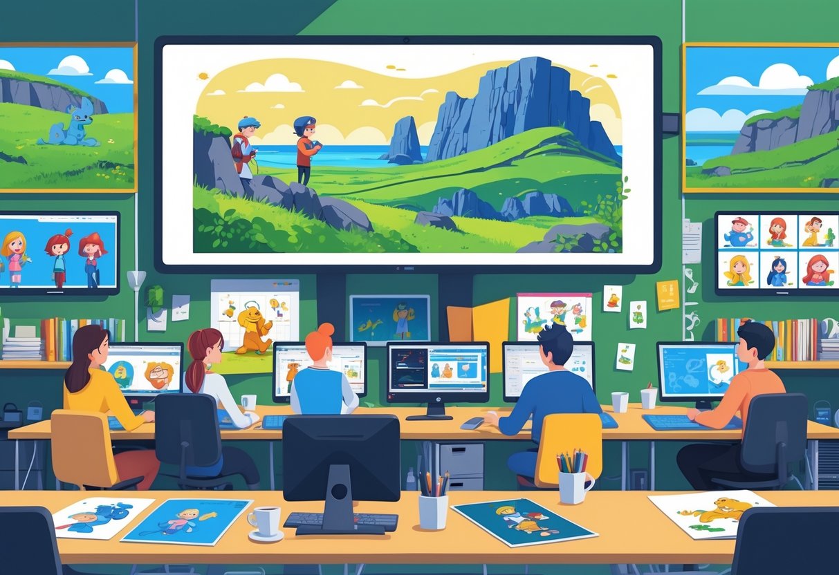 A modern animation studio with people working on computers and drawing tablets, showing animated characters and storyboards inspired by Northern Ireland's landscapes.