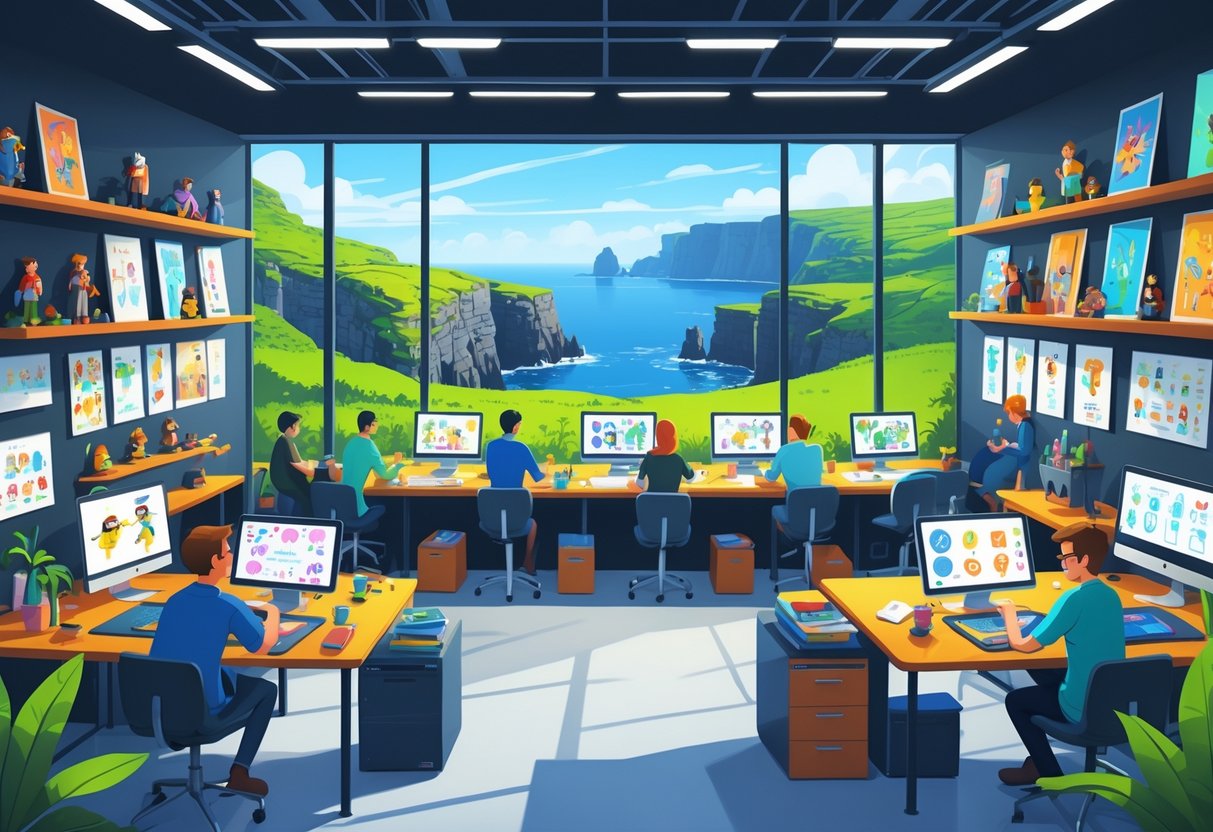 A creative animation studio with people working on digital drawings and storyboards, overlooking green Northern Ireland landscapes and the Giant's Causeway.