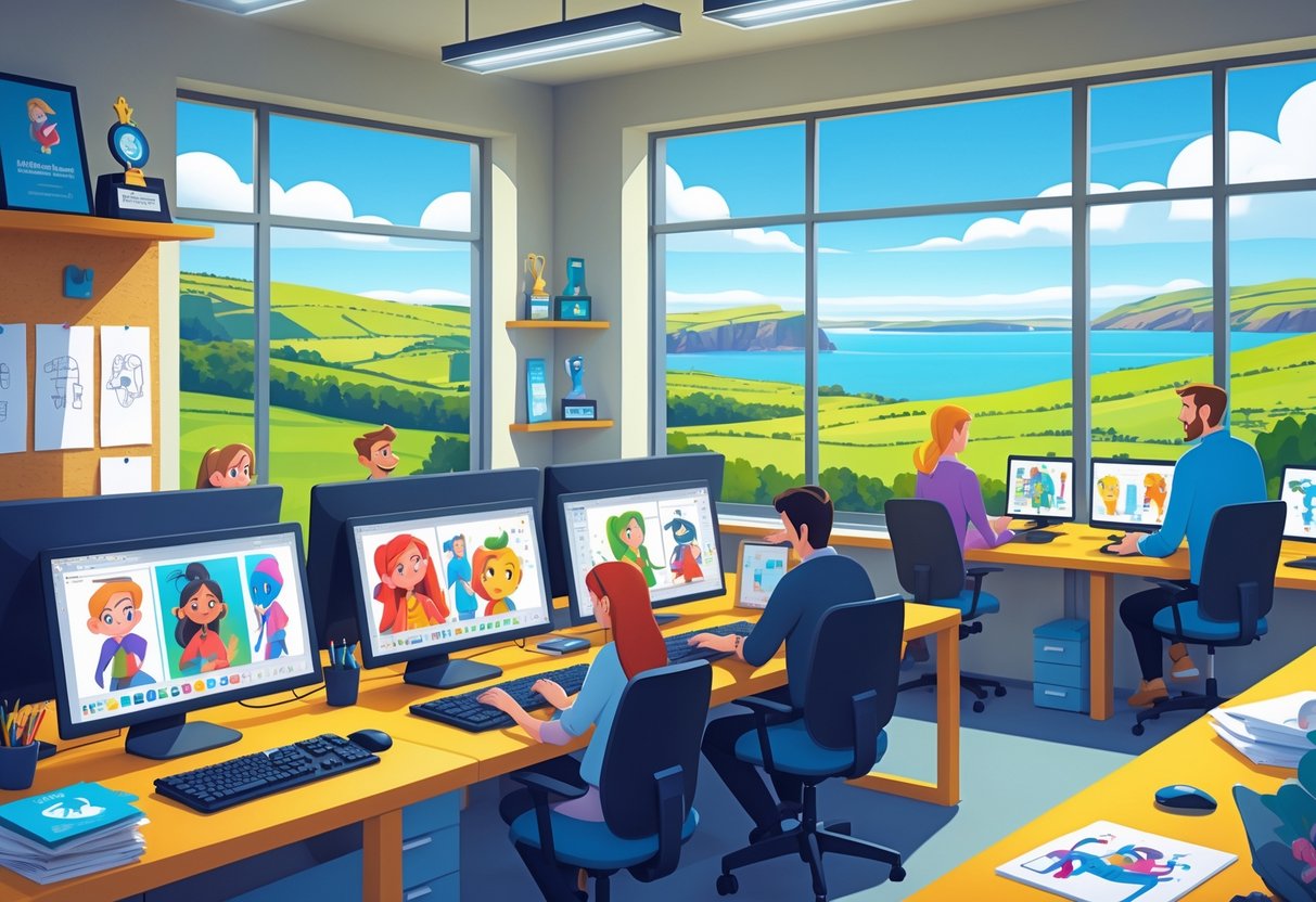 A team of animators working together in a studio with screens showing animated characters and a view of Northern Ireland's green hills and coastline outside.