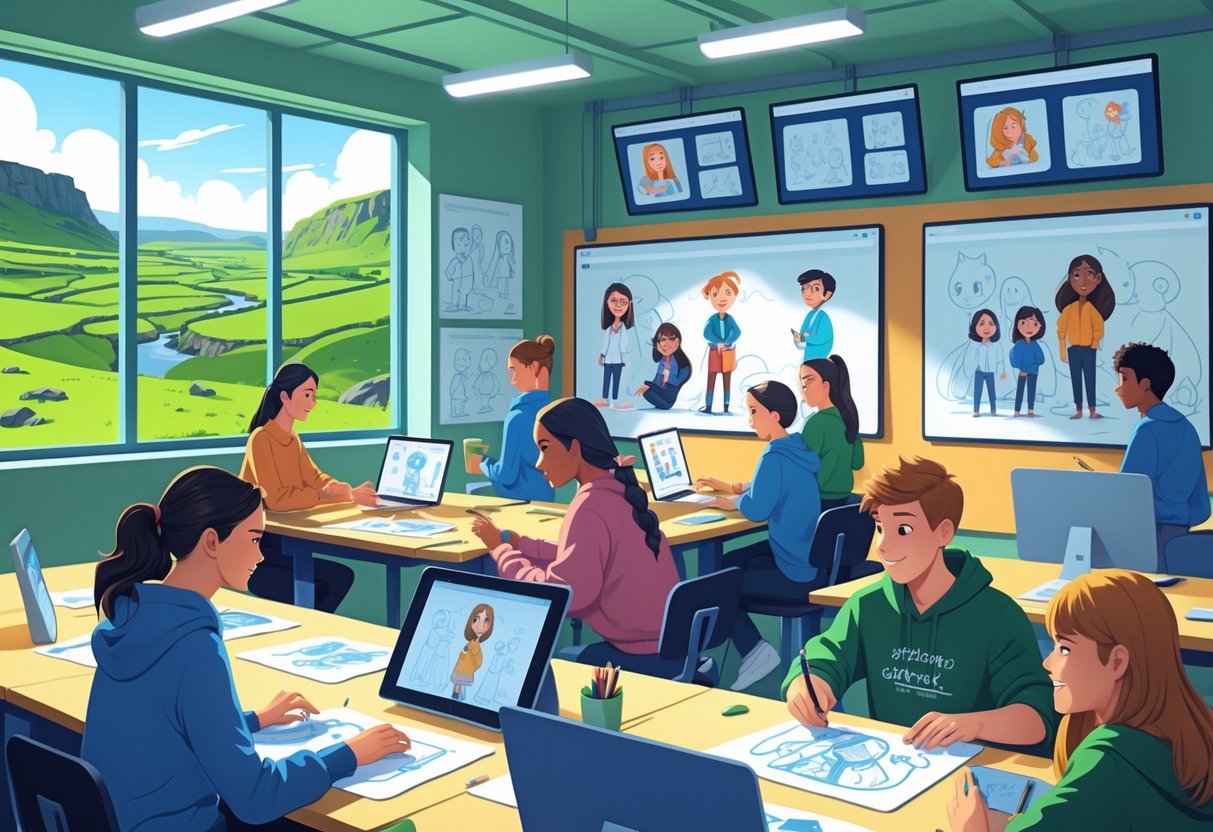 A group of students and young professionals working together on animation projects in a bright studio with views of Northern Ireland's landscape outside.