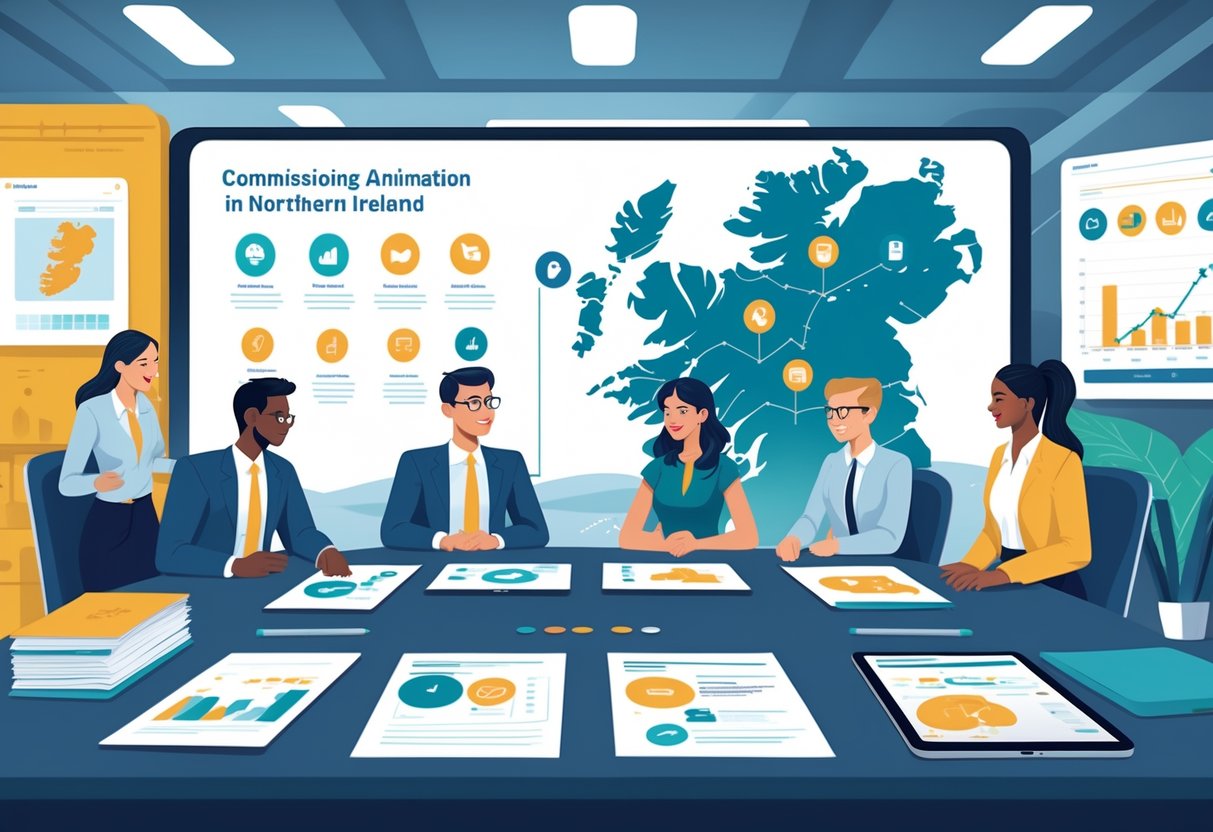 Business professionals collaborating around a table with animation storyboards and digital devices, with a map of Northern Ireland displayed on a screen in the background.
