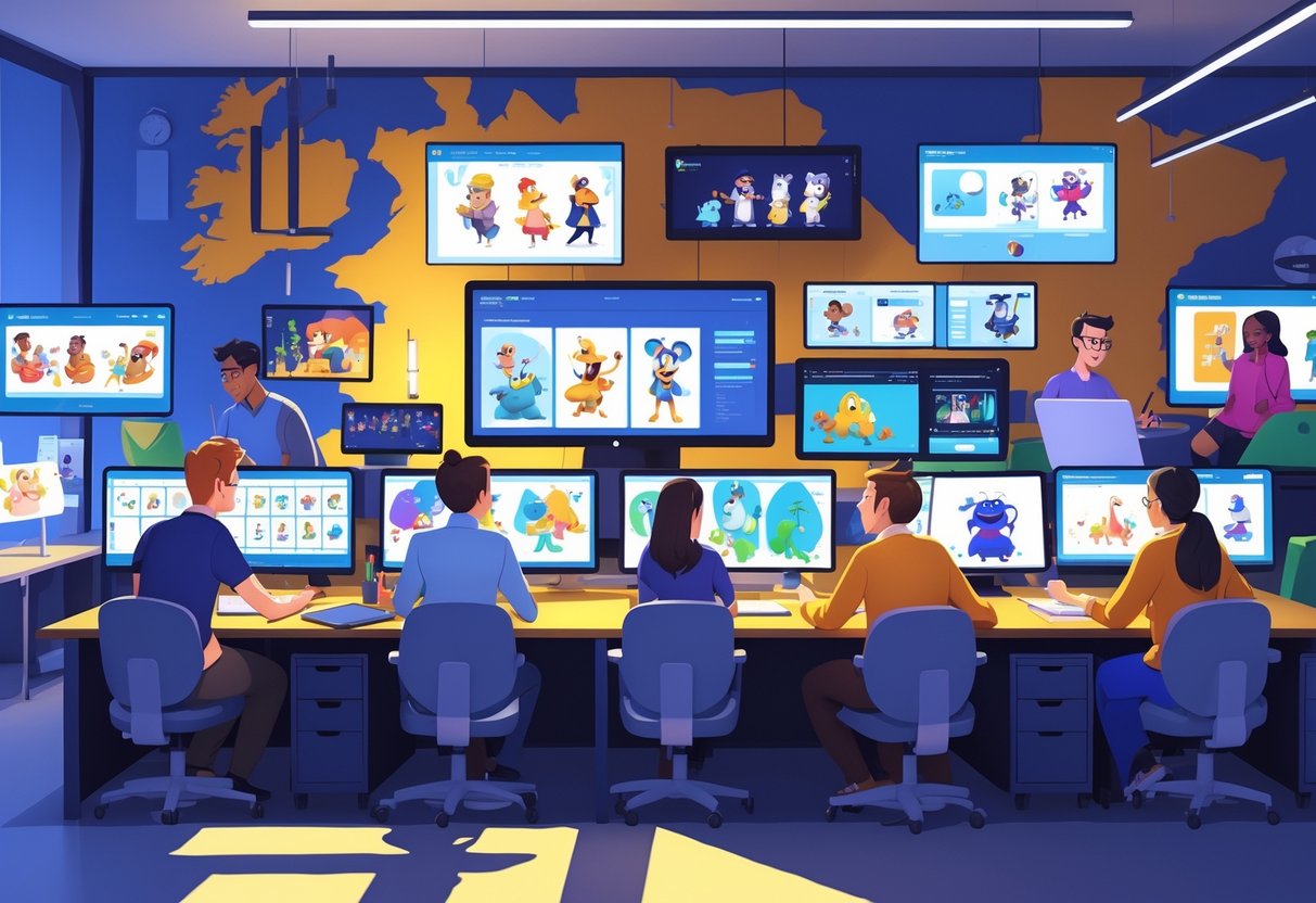 An animation studio with people working on computers and drawing tablets, showing different animation techniques and styles, with a map of the UK and Ireland in the background.