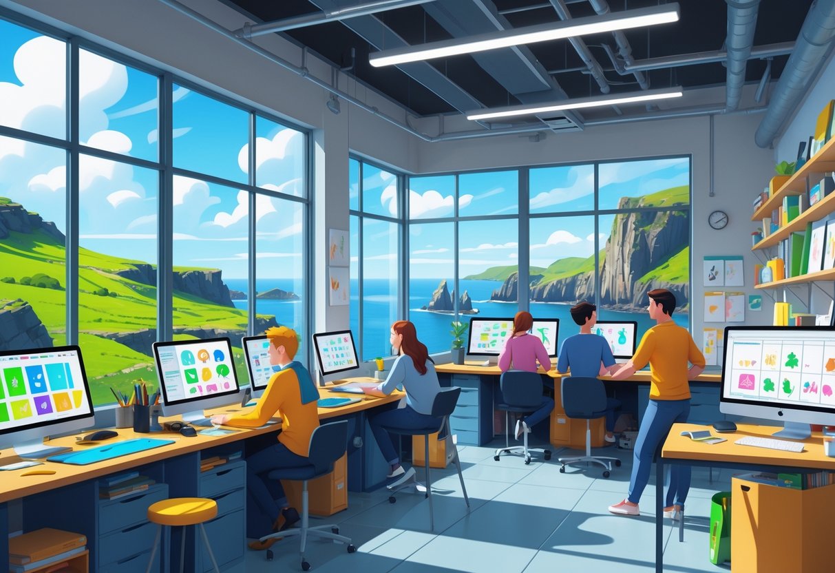 A creative animation studio with people working on digital drawings, overlooking green hills and the Giant's Causeway in Northern Ireland.