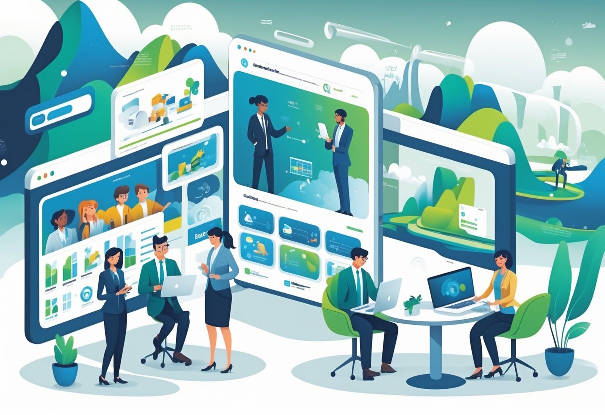 People working together in an office with digital screens showing different animation styles and Northern Ireland landmarks in the background.