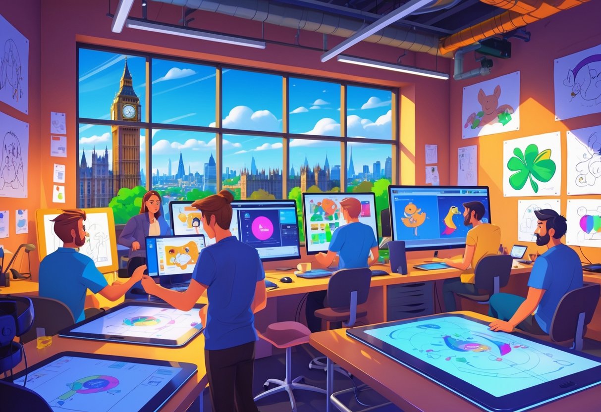 A creative animation studio with animators working on digital screens and sketches, featuring a city view with UK and Irish landmarks in the background.