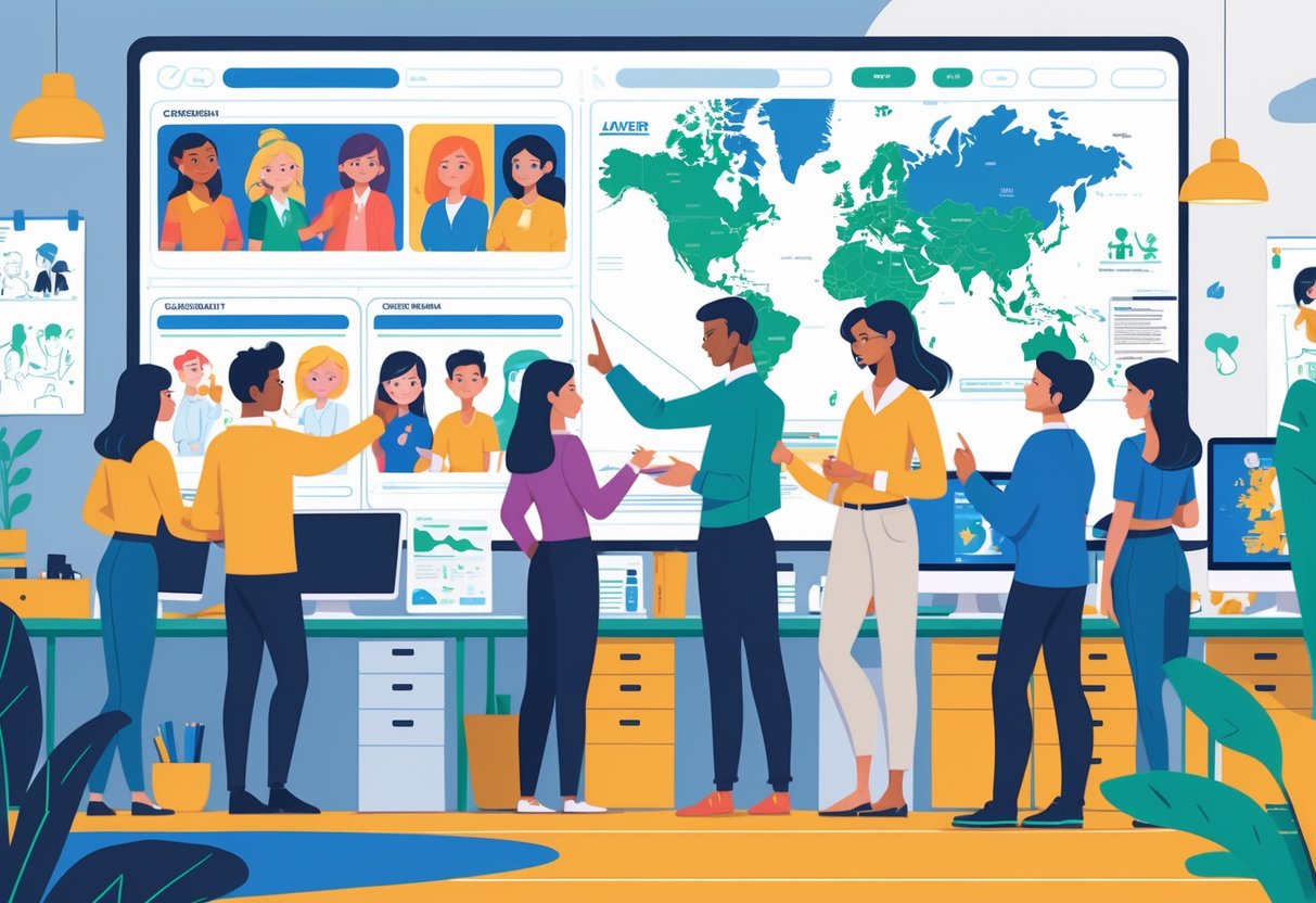 A team of animation professionals collaborating in a modern office with a digital screen showing animated characters and a map highlighting the UK and Ireland.