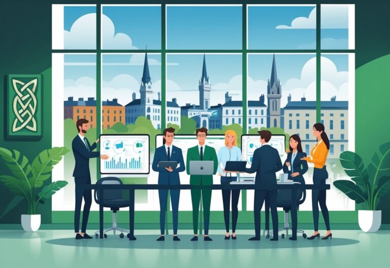 Business professionals in an office reviewing animation concepts with an Irish cityscape visible through a window.