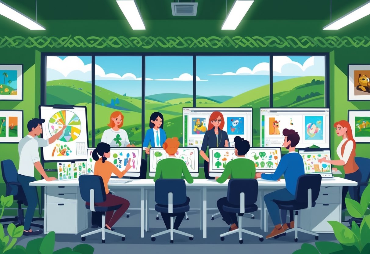 A busy office with diverse people working together on animation projects using computers and drawing tablets, with a window showing green hills outside.